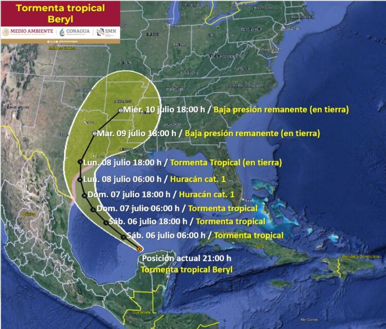 La tormenta tropical Beryl se desplaza sobre el Golfo de México, tras impactar la Península de Yucatán