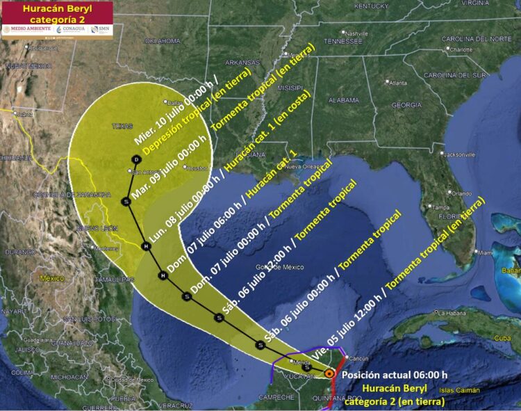 Beryl categoría 2 al nor-noroeste de Tulum, Quintana Roo; pasaría en categoría 1 al norte de Matamoros el 8