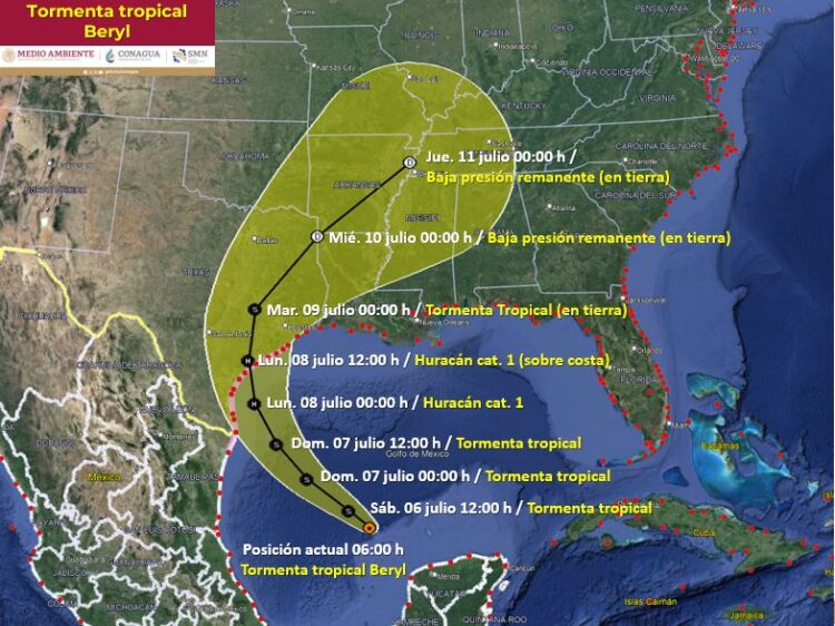 Tormenta tropical Beryl  tocaría tierra de nuevo en Texas a 370 kilómetros de Matamoros