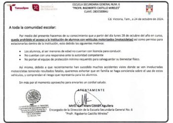 Prohíben acceso en motocicleta a alumnos de la Secundaria General 6 de Cd. Victoria