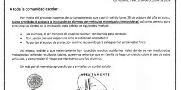 Prohíben acceso en motocicleta a alumnos de la Secundaria General 6 de Cd. Victoria