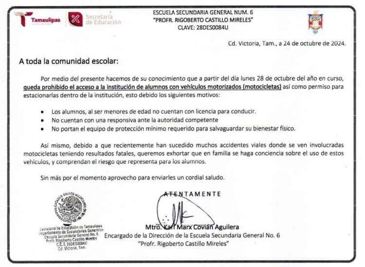 Prohíben acceso en motocicleta a alumnos de la Secundaria General 6 de Cd. Victoria