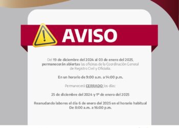 Oficinas de Registro Civil laborarán en horario especial en periodo vacacional 