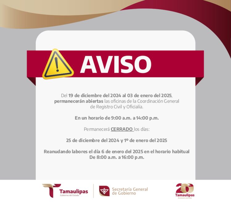 Oficinas de Registro Civil laborarán en horario especial en periodo vacacional 