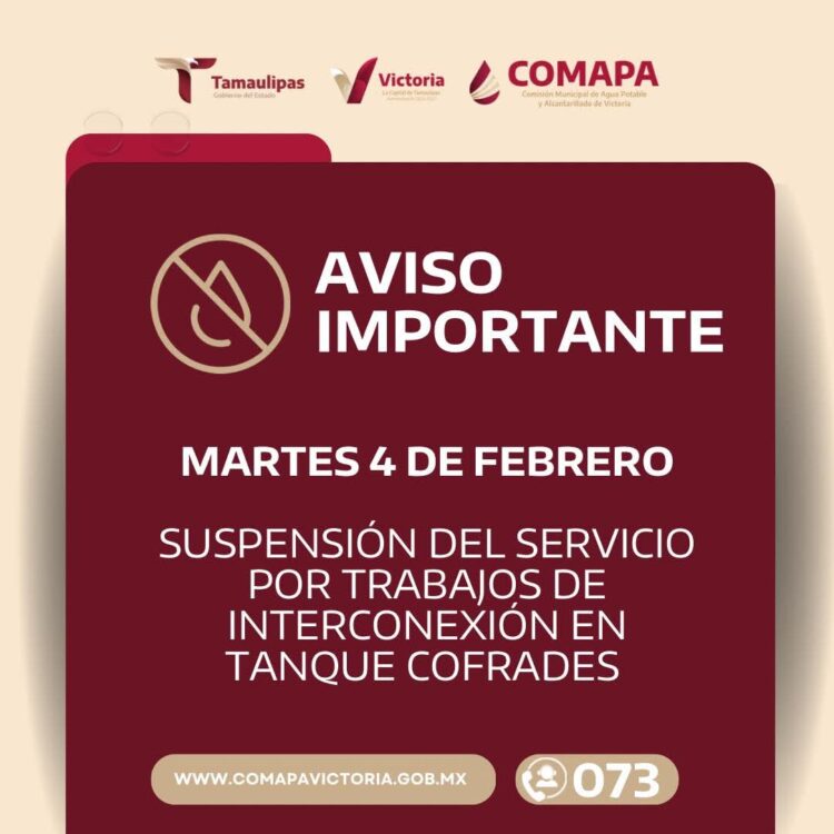 Trabajos en tanque de almacenamiento de COMAPA suspenderá servicio a 80 colonias de Victoria