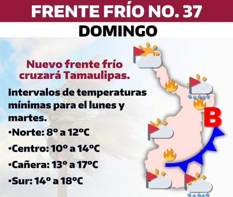Alerta Protección Civil del frente frío 37 en norte y centro de Tamaulipas