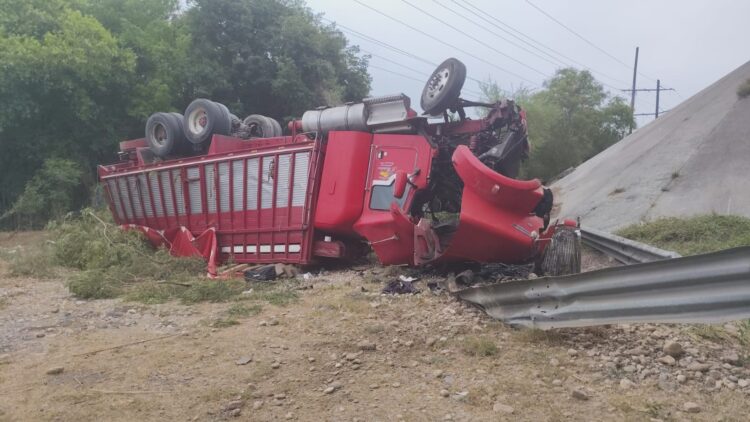 Cae un tractocamión en el puente del río Corona, ruta Victoria-Monterrey