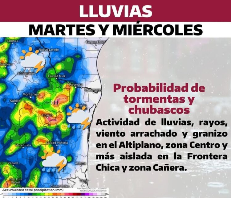 Alerta Protección Civil sobre tormentas y chubascos en zonas de Tamaulipas