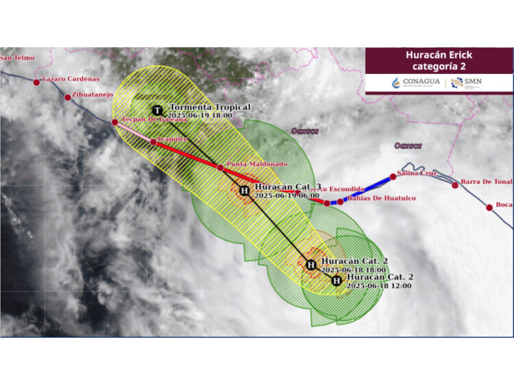 ‘Erick’ se intensifica a huracán categoría 2 frente a costas de Oaxaca y Guerrero 