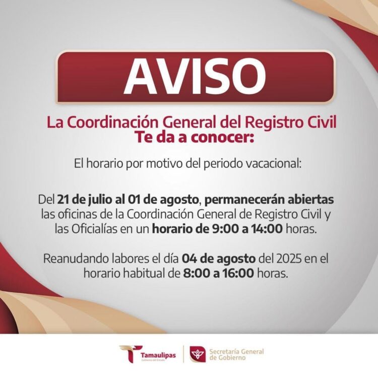 Da Registro Civil de Tamaulipas atención continua durante el periodo vacacional