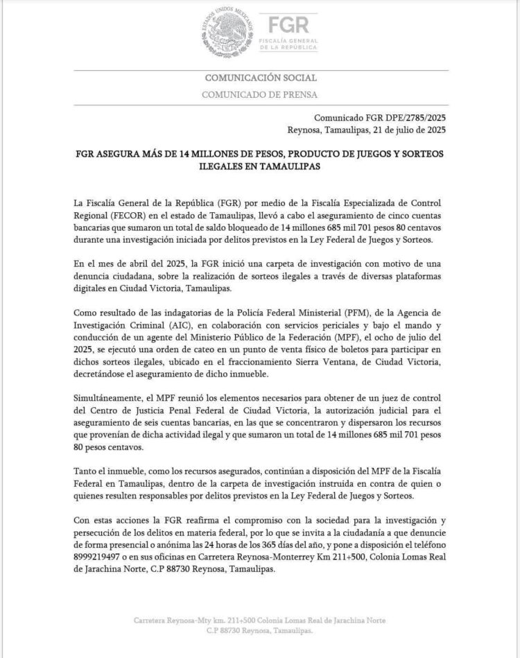FGR asegura más de 14 millones de pesos por sorteos ilegales en Ciudad Victoria