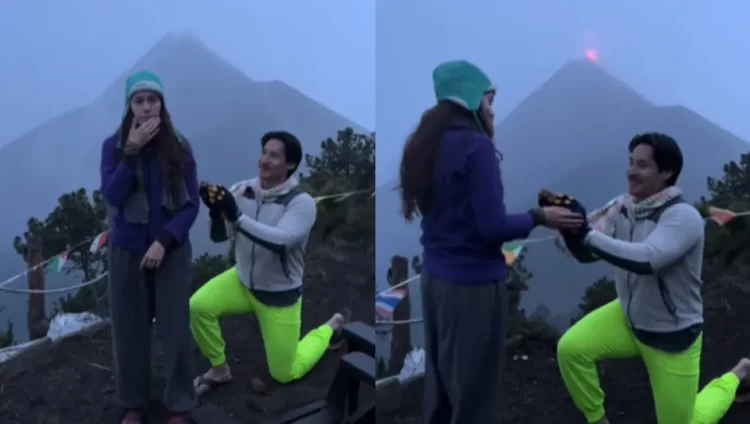 Pareja se compromete frente al volcán Acatenango en plena erupción