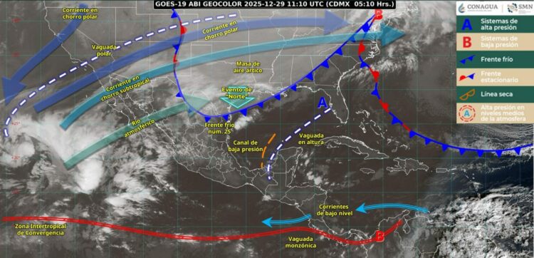 Prevén lluvias intensas y evento de “Norte” de hasta 110 km/h por frente frío 25