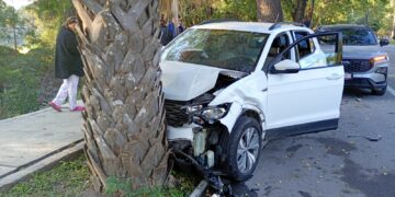 Camioneta se estrella contra palmera en el bulevar Praxedis Balboa