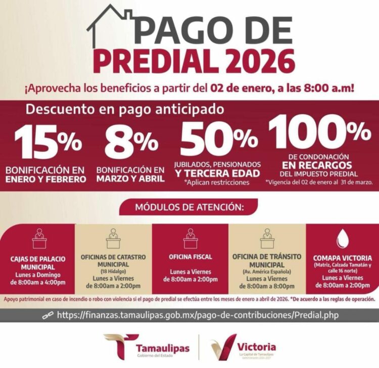 Ayuntamiento de Victoria abre arcas para pago de impuesto predial con descuentos en enero
