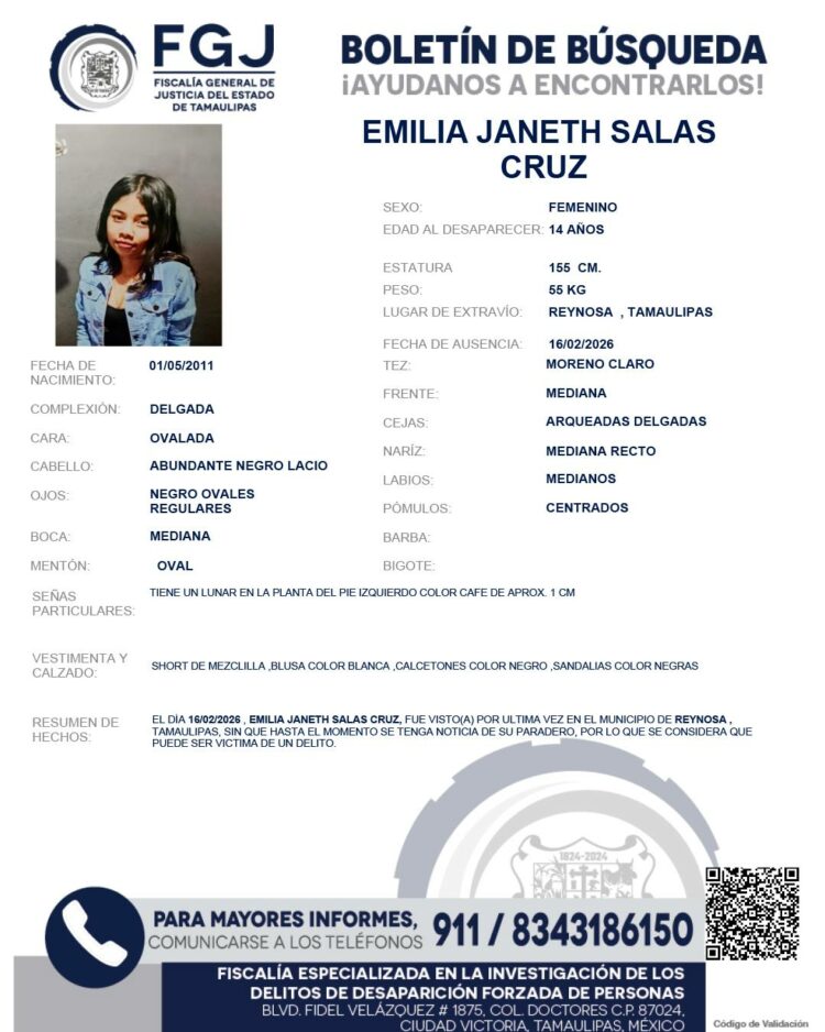 Desaparece adolescente de 14 años en Reynosa