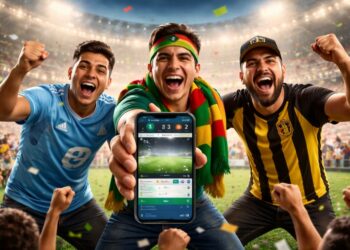 Aficionados bolivianos celebran en estadio mirando partido en smartphone