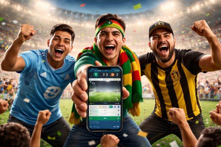 Aficionados bolivianos celebran en estadio mirando partido en smartphone