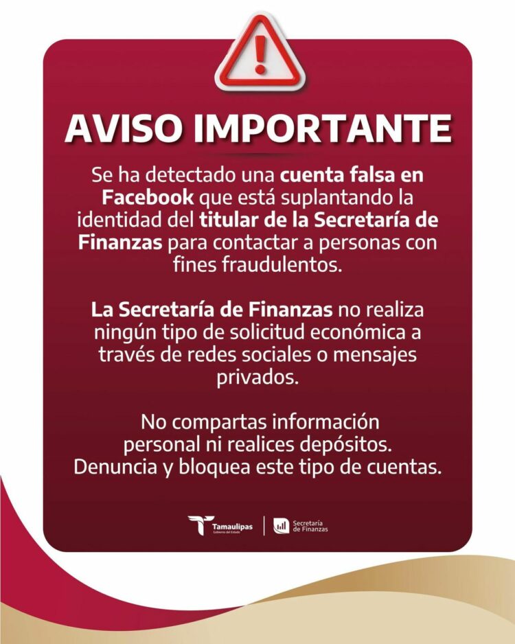 Alertan a contribuyentes de cuenta falsa de Facebook del titular de Finanzas de Tamaulipas, con fines de fraude