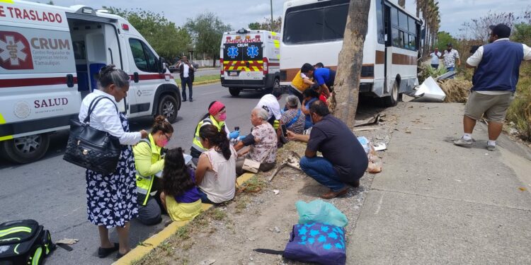 Microbús choca contra palmera; hay 15 lesionados