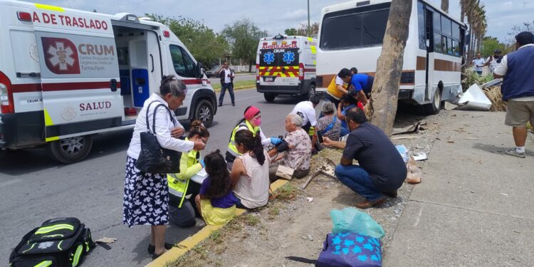 Microbús choca contra palmera; hay 15 lesionados