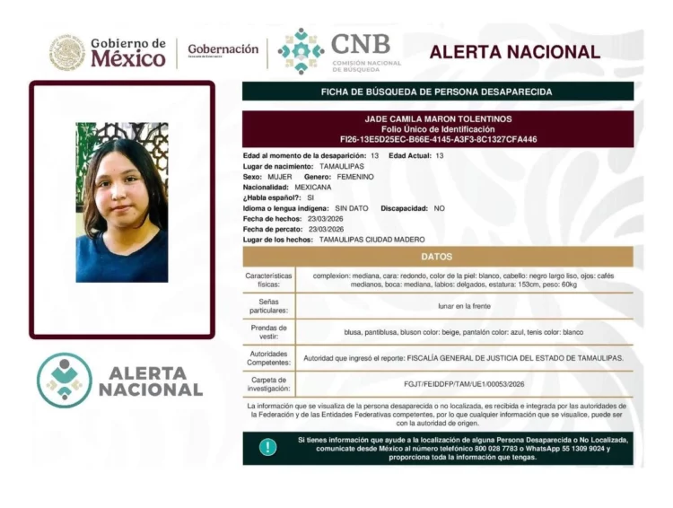 Buscan a menor desaparecida en frontera de Tamaulipas