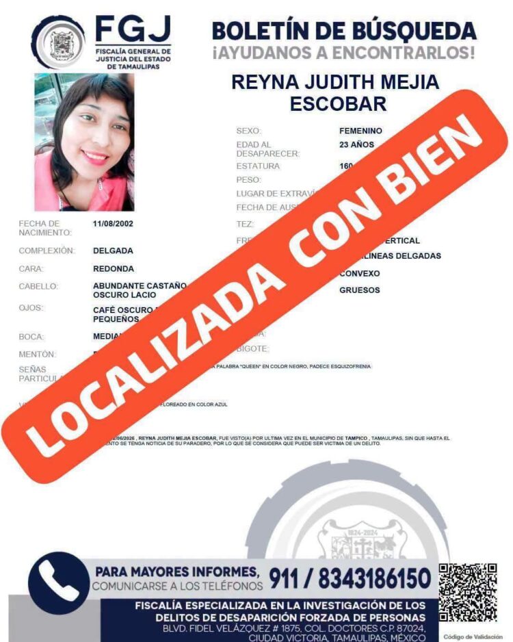 Localizan en Reynosa a joven desaparecida
