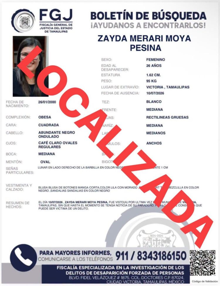 Localizan con vida a Zayda Merari en Col. Álvaro Obregón de Victoria