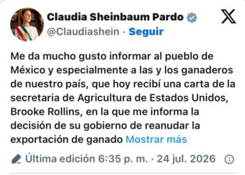 Abrirá EU frontera a importación de ganado mexicano; confirma Rollins a Sheinbaum