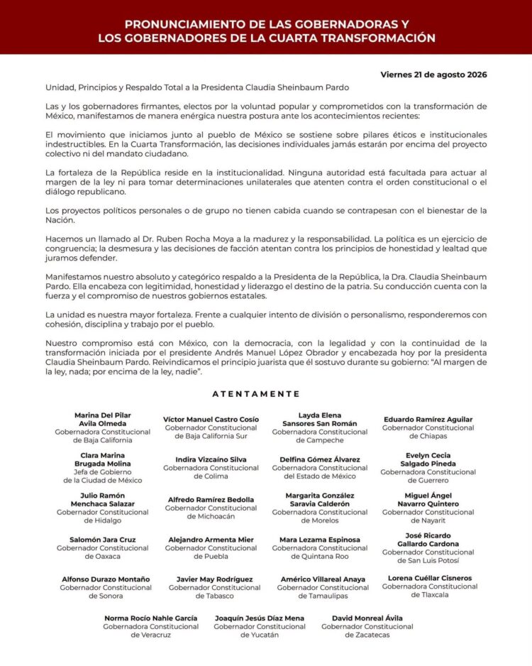 Gobernadores morenistas rechazan regreso de Rocha Moya al gobierno de Sinaloa