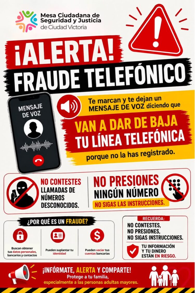 Alertan en Tamaulipas de fraude telefónico con presunto aviso de cancelación de línea de celular