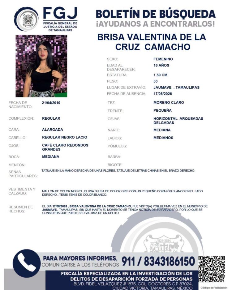 Buscan a Brisa Valentina, desapareció en Jaumave