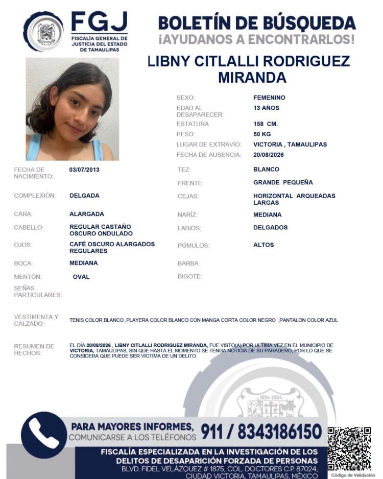 Desaparece adolescente en Ciudad Victoria
