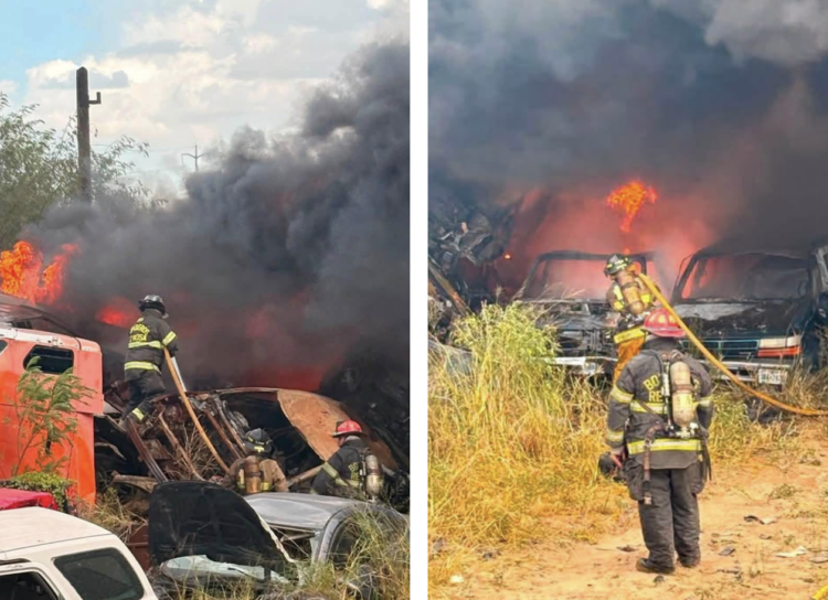 Incendio consume vehículos en corralón de Reynosa