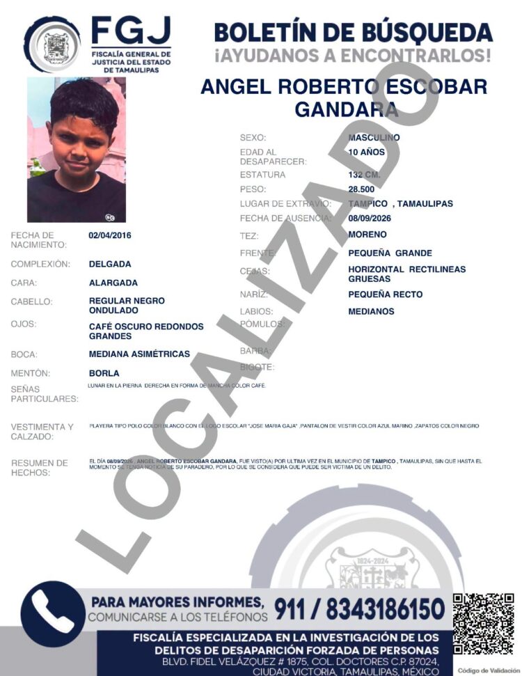Localizan a menor desaparecido en Tampico