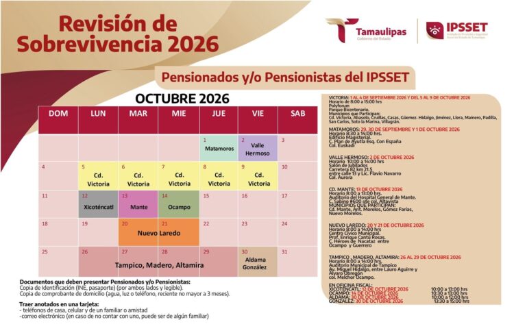 Reprograma IPSSET para octubre Revisión de Sobrevivencia 2026 en Cd. Victoria