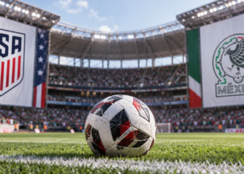 Un balón de fútbol entre los emblemas de dos equipos de fútbol