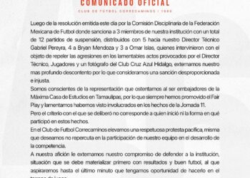 Protesta Correcaminos sanción de FMF contra Técnico y dos jugadores