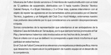 Protesta Correcaminos sanción de FMF contra Técnico y dos jugadores
