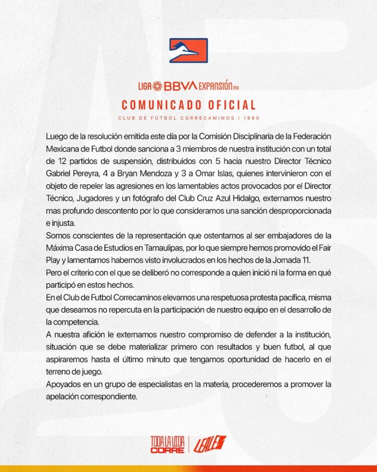 Protesta Correcaminos sanción de FMF contra Técnico y dos jugadores